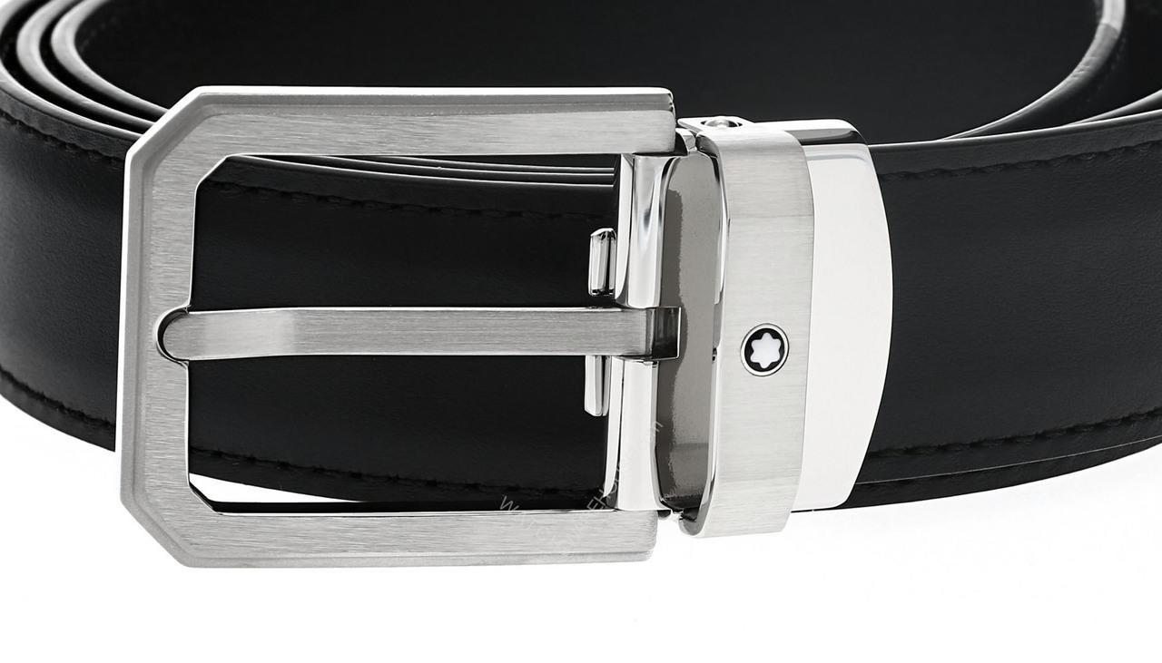 MONTBLANC Trapeze Brushed S-Steel Pin Buckle Black Leather Belt 124208