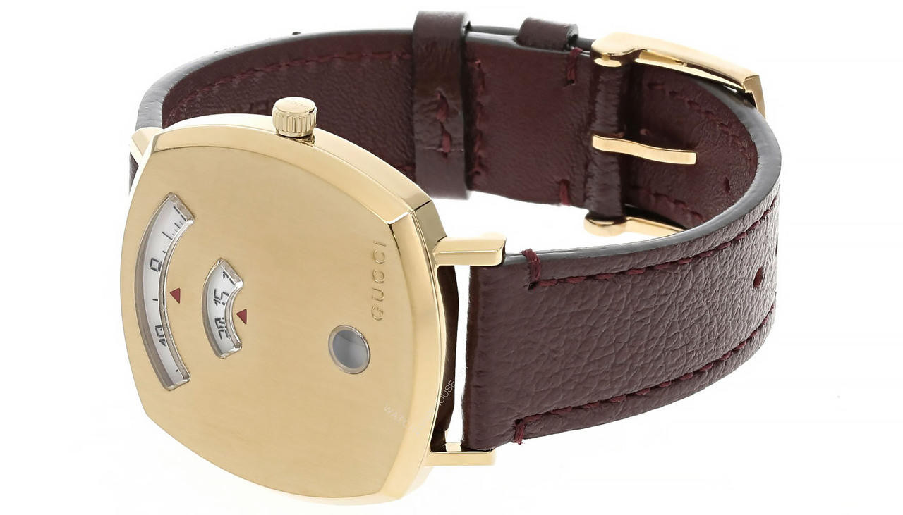 GUCCI Grip 35MM Gold PVD Brown Leather Strap Women's Watch