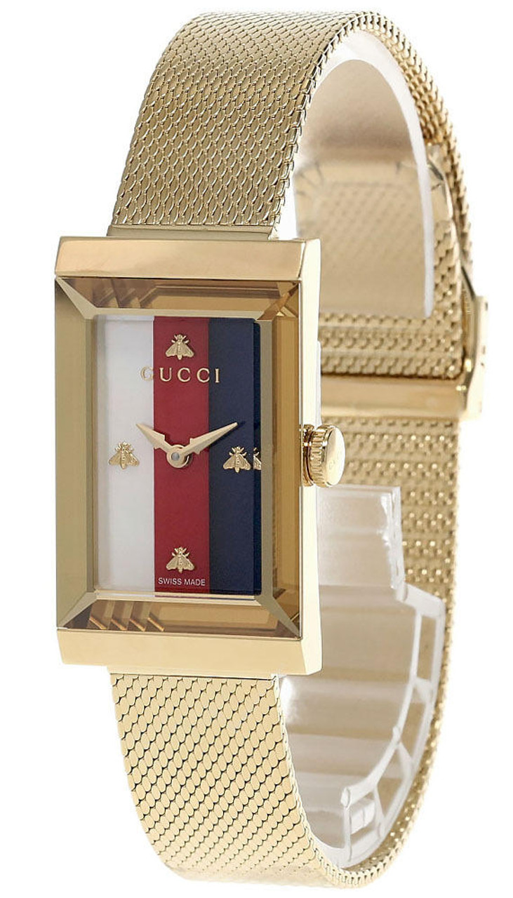 GUCCI G-Frame Quartz White, Red, Blue MOP Dial Gold PVD