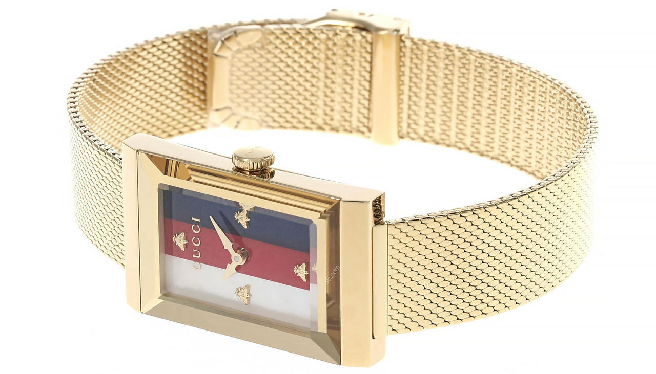 GUCCI G-Frame Quartz White, Red, Blue MOP Dial Gold PVD Watch