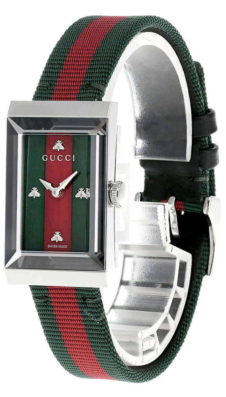 GUCCI G-Frame Green and Red MOP Dial Nylon Strap Women's Watch YA147404