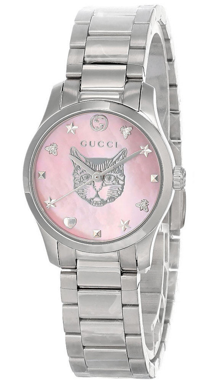 GUCCI G-Timeless 27MM SS Pink MOP Feline Head Dial Women's Watch YA1265013