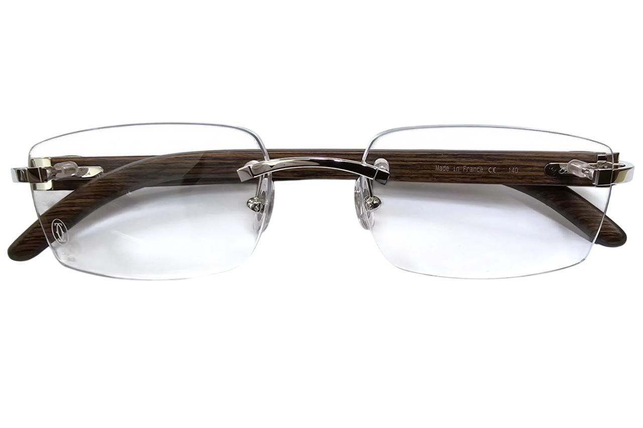 CARTIER Silver With Brown Wood Temples 53MM Unisex Eyewear CT0052O