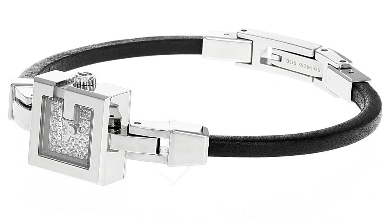 GUCCI G Petite SS Diamond Dial Black Leather Women's Watch