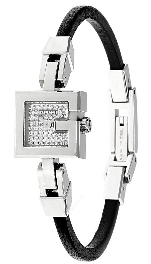 GUCCI G Petite SS Diamond Dial Black Leather Women's Watch