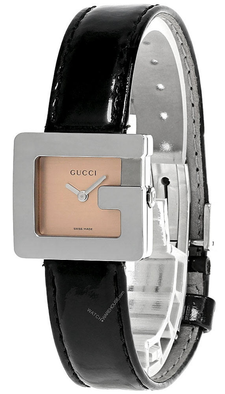 GUCCI G SS Salmon Pink Dial Black Leather Women's Watch 3600L-0212505