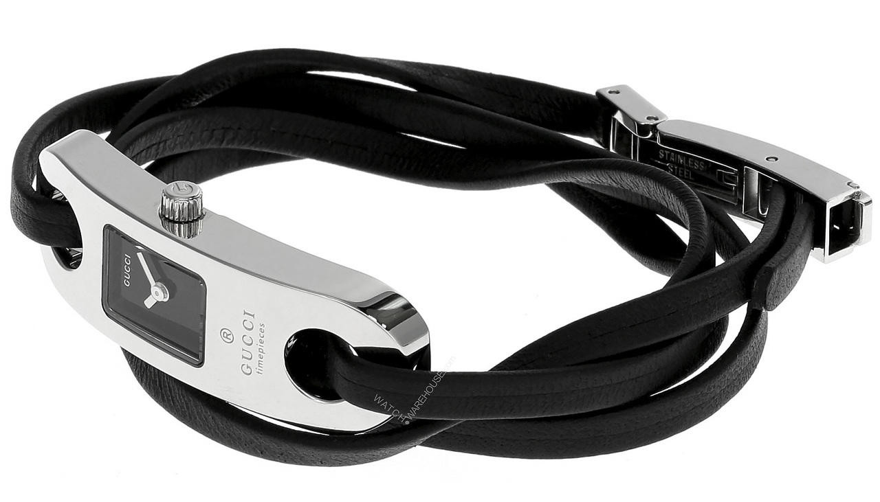 GUCCI S-Steel Black Dial Genuine Leather Strap Women's Watch