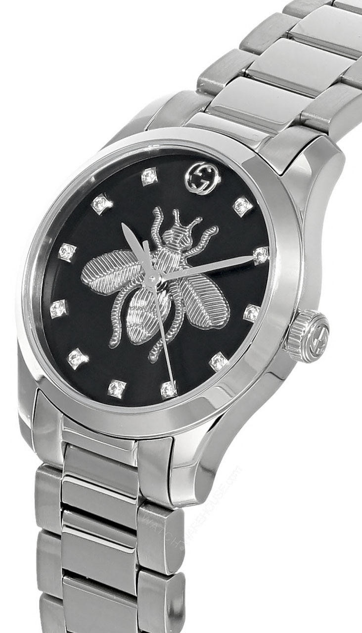 GUCCI G-Timeless 27MM SS Bee Diamond Black Dial Women's Watch YA1265024