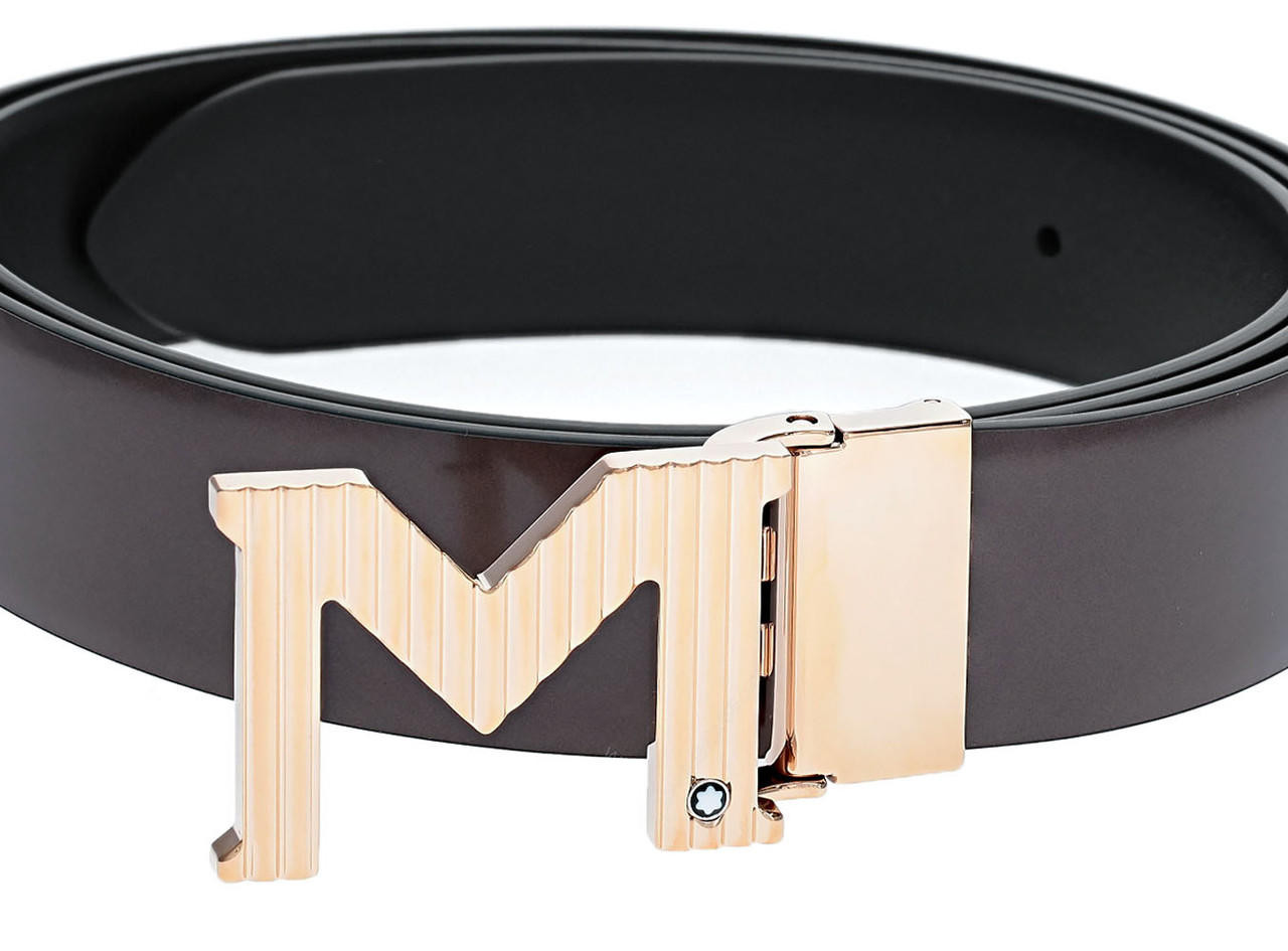 MONTBLANC M Shaped Brown/Black 35MM Reversible Leather Belt 129448 MONTBLANC M Shaped Brown/Black 35MM Reversible Leather Belt 129448