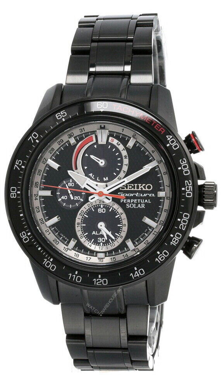 Seiko Sportura Solar 45MM Black Dial Chrono SS Bracelet Men's Watch SSC373