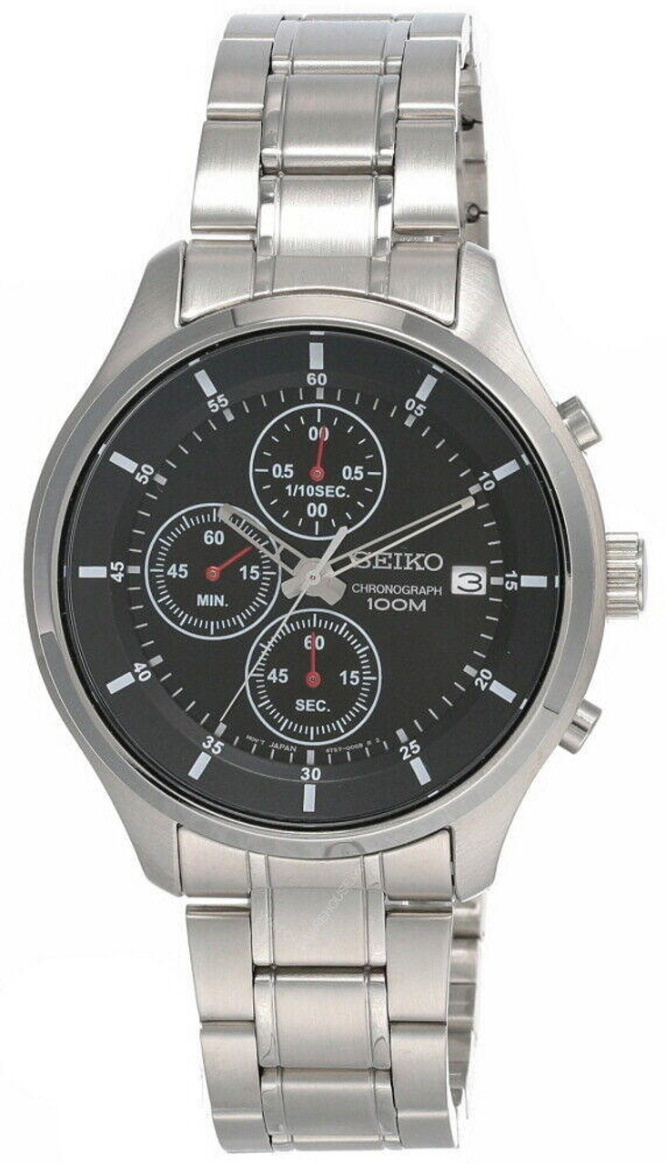 Seiko Chronograph Black Dial 43MM LTHR Strap Men's Watch SKS547