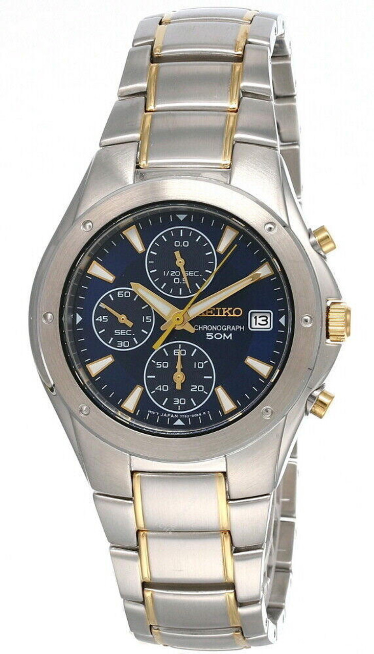 Seiko Chronograph Two-Tone Blue Dial Stainless Steel Men's Watch SND585