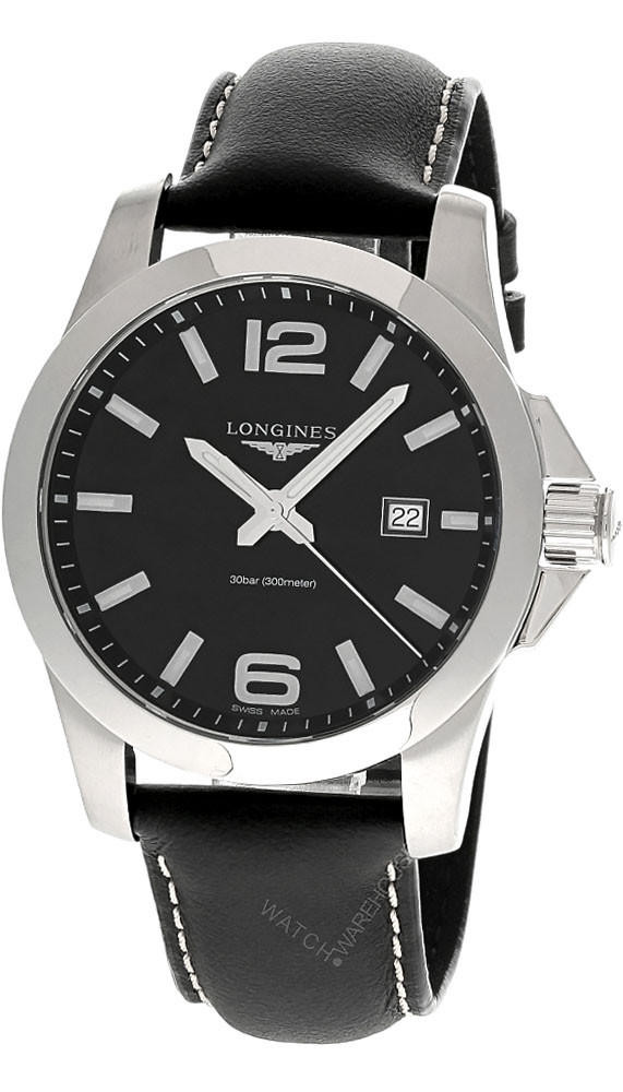 LONGINES Conquest Quartz SS 43MM Black LTHR Men's Watch L3.760.4