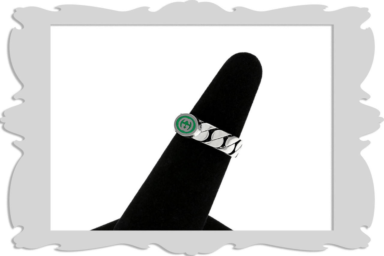 GUCCI Silver Interlocking G Green Enamel Ring YBC7016120010