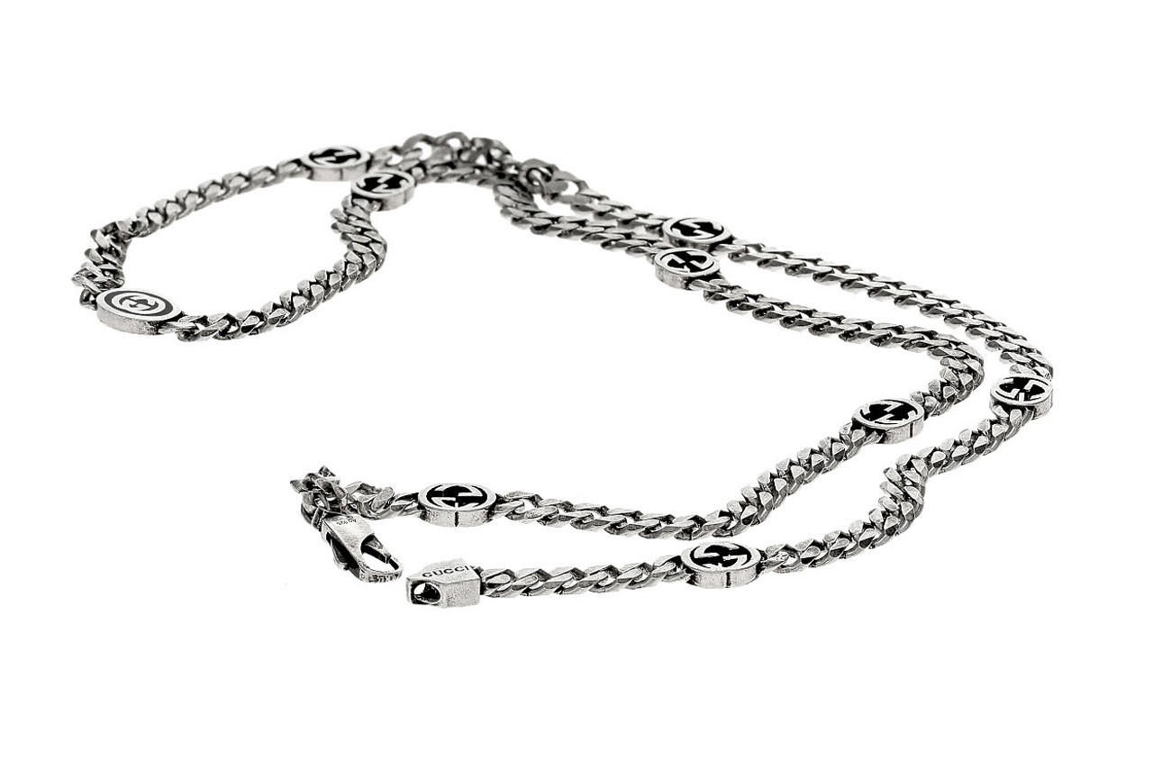 GUCCI Sterling Silver Tag Necklace With Black Enamel Necklace 