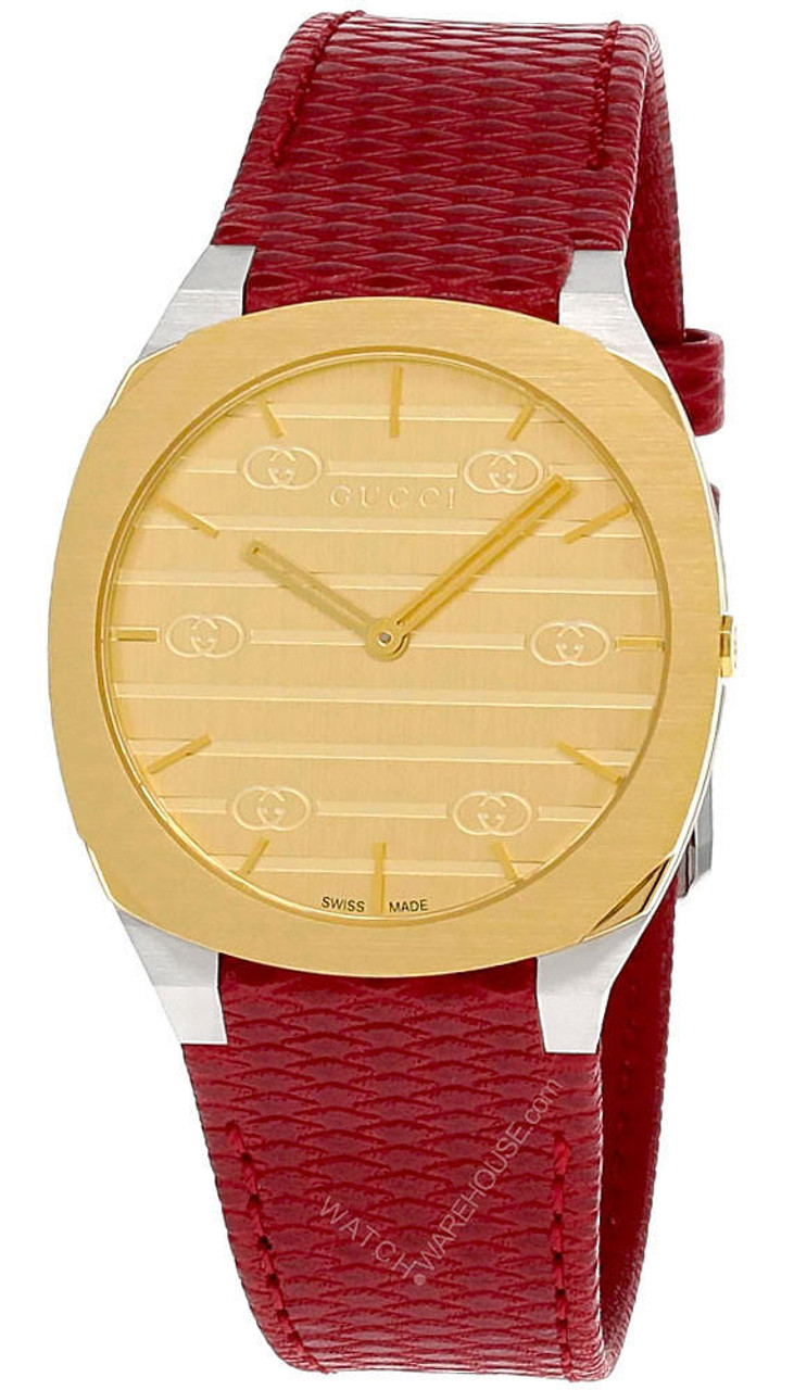 GUCCI 25H 34MM QTZ SS Golden Brass Dial White LTHR Unisex Watch 