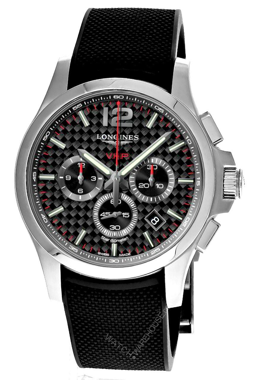 LONGINES Conquest V.H.P Quartz 44MM Black Dial Rubber Men's Watch L3.727.4.66.9
