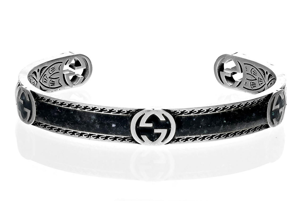 GUCCI Interlocking G Cuff Silver & Black Bracelet YBA6455700030