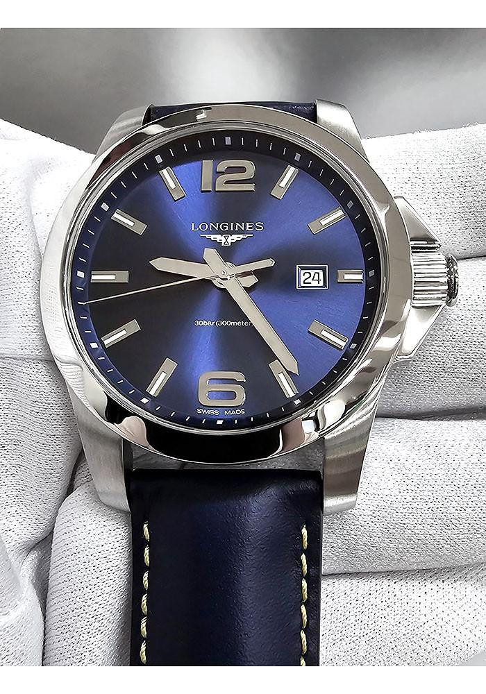 LONGINES Conquest Quartz 43MM Blue Dial Leather Men's Watch L3