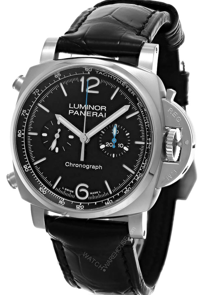 PANERAI Luminor Chronograph 44MM Black Dial Leather Men's Watch PAM01109