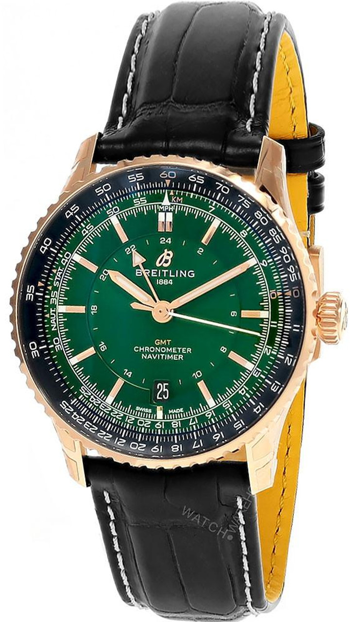 Breitling watches BREITLING Navitimer Automatic GMT 41MM Green Dial 18K Rose Gold Leather Men's Watch R32310251L1P1 