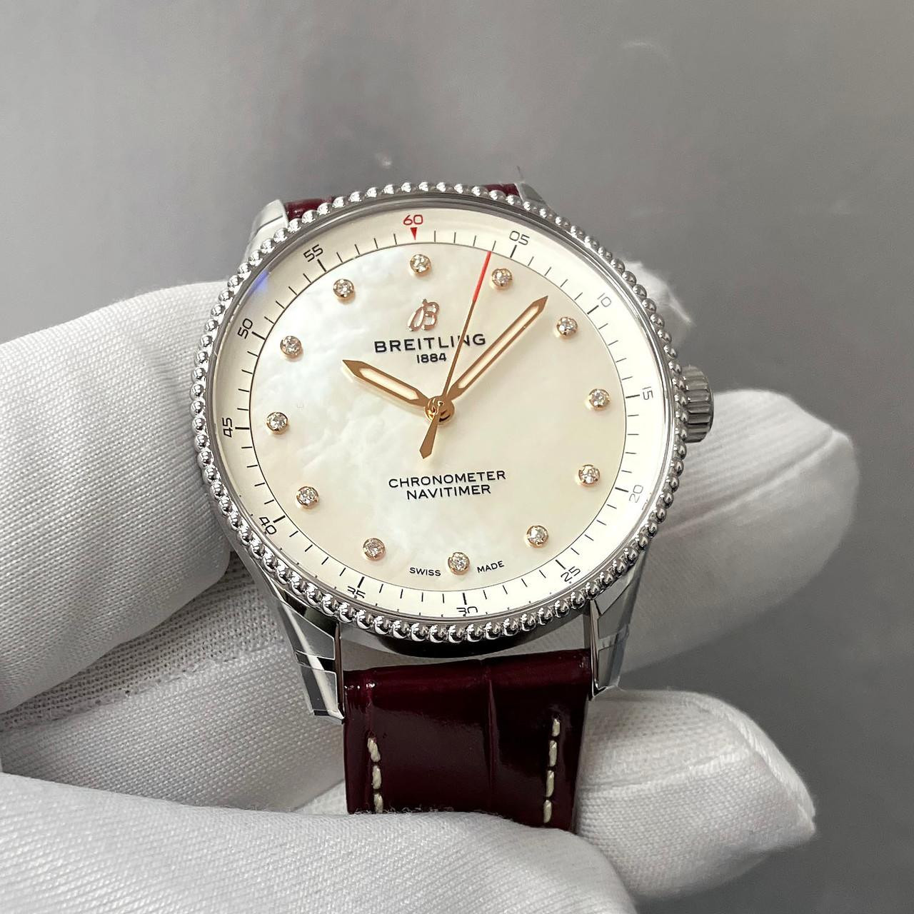 BREITLING Navitimer Quartz 32MM MOP Diamond Dial Leather Women's
