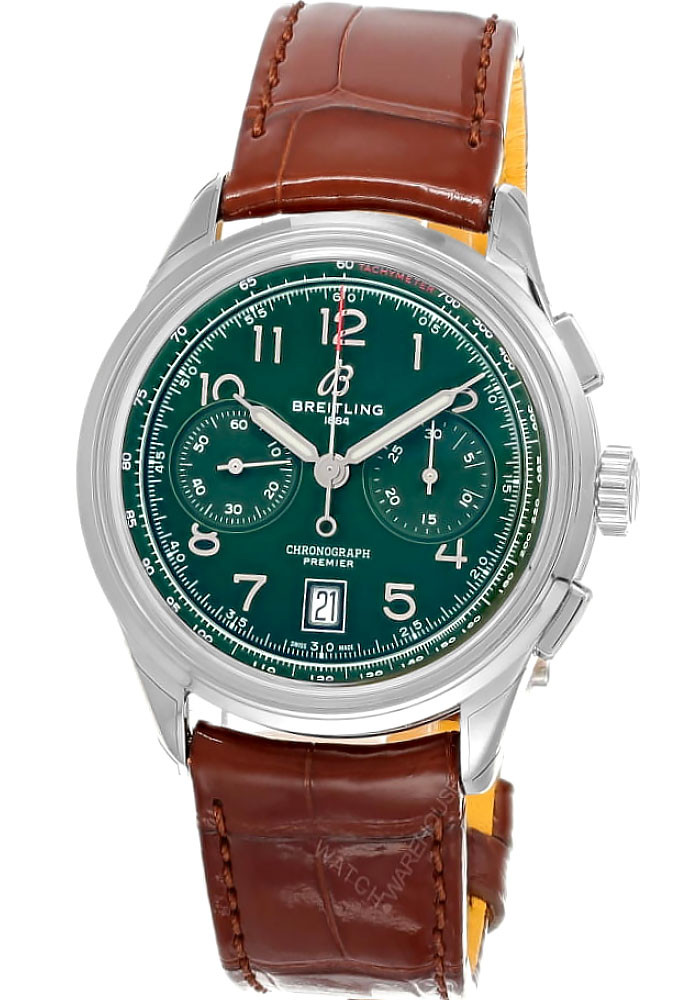 BREITLING Premier B01 Chronograph 42MM Green Dial Leather Men's Watch AB0145371L1P1