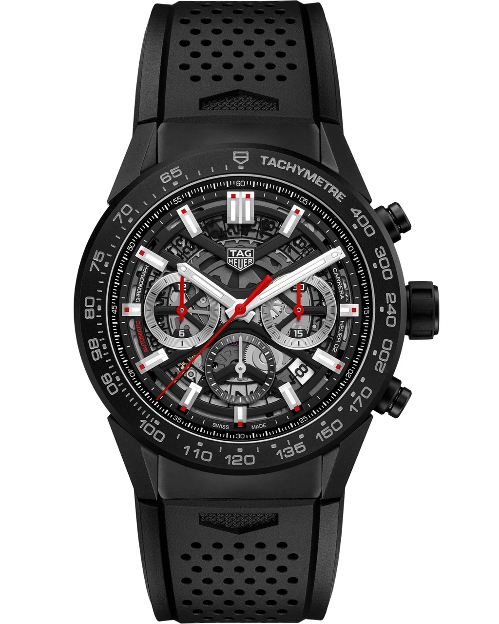 TAG HEUER Carrera Chronograph Auto 45MM Skeleton Dial Rubber Men's Watch CBG2A90.FT6173