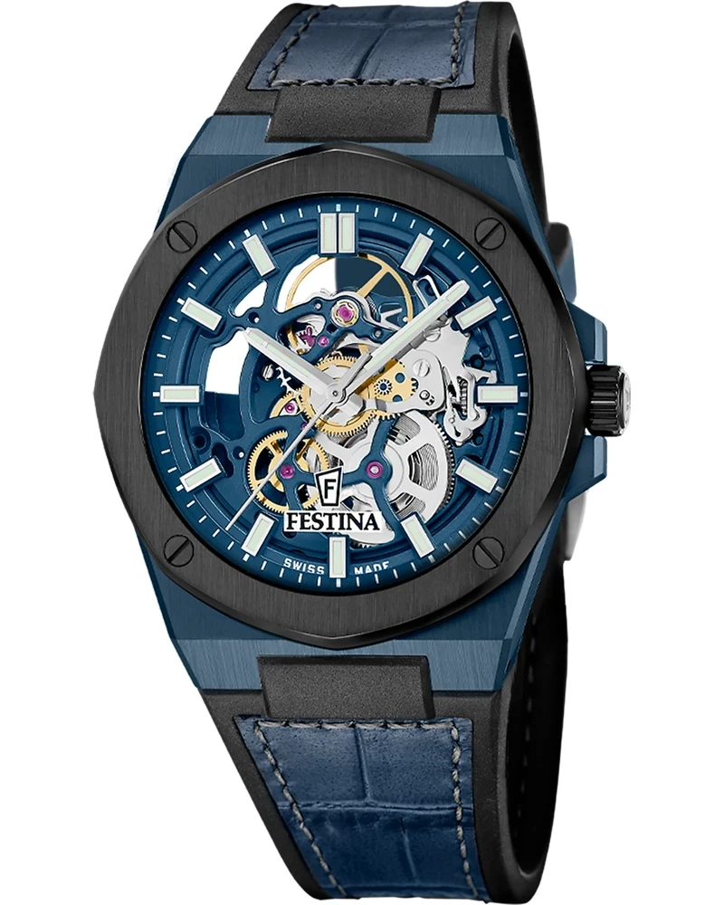 FESTINA Montre Skeleton Automatic 42MM Blue Leather Men's Watch F22011-1