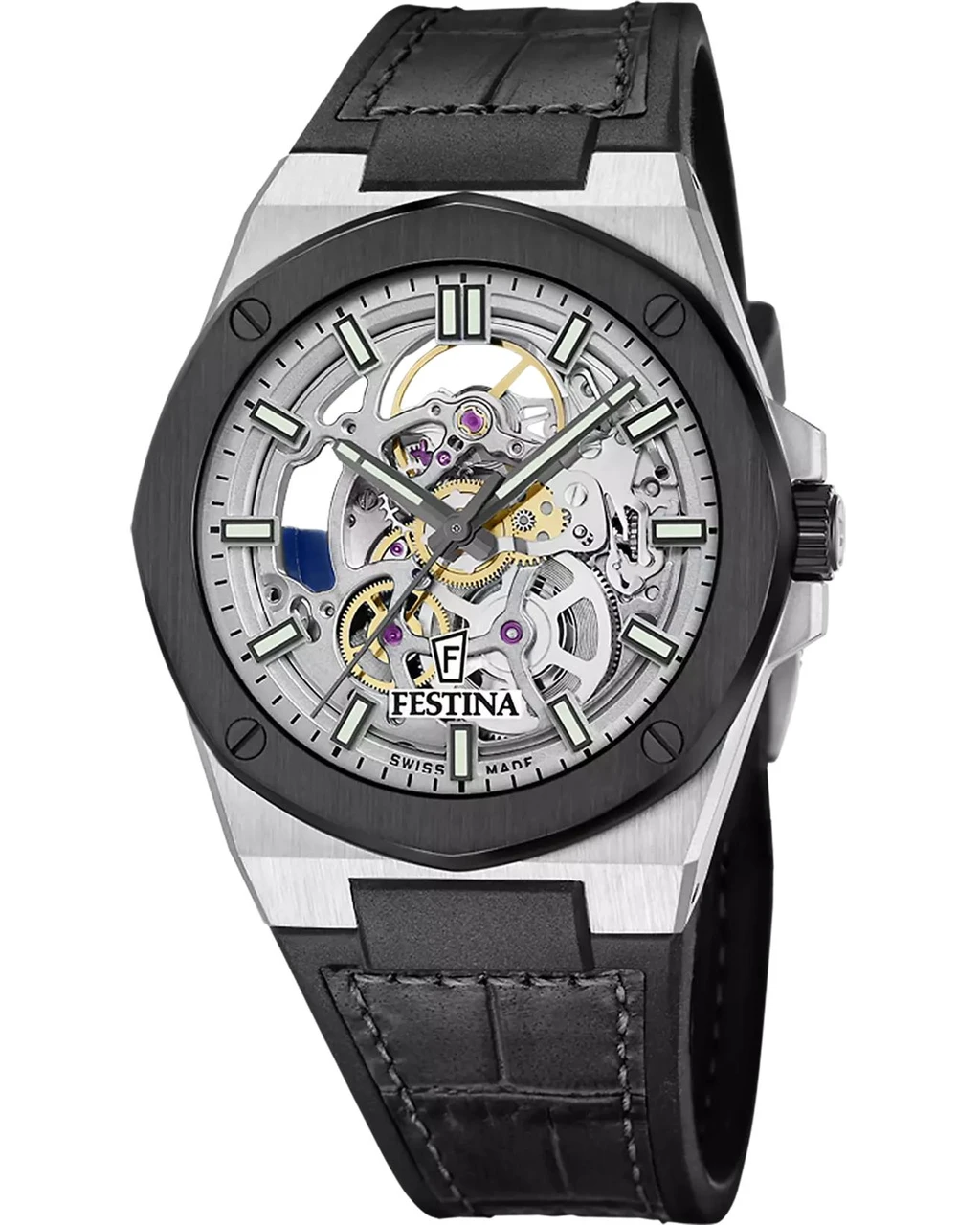 Festina FESTINA Montre Skeleton Automatic 42MM Black Leather Men's Watch F22009-1 