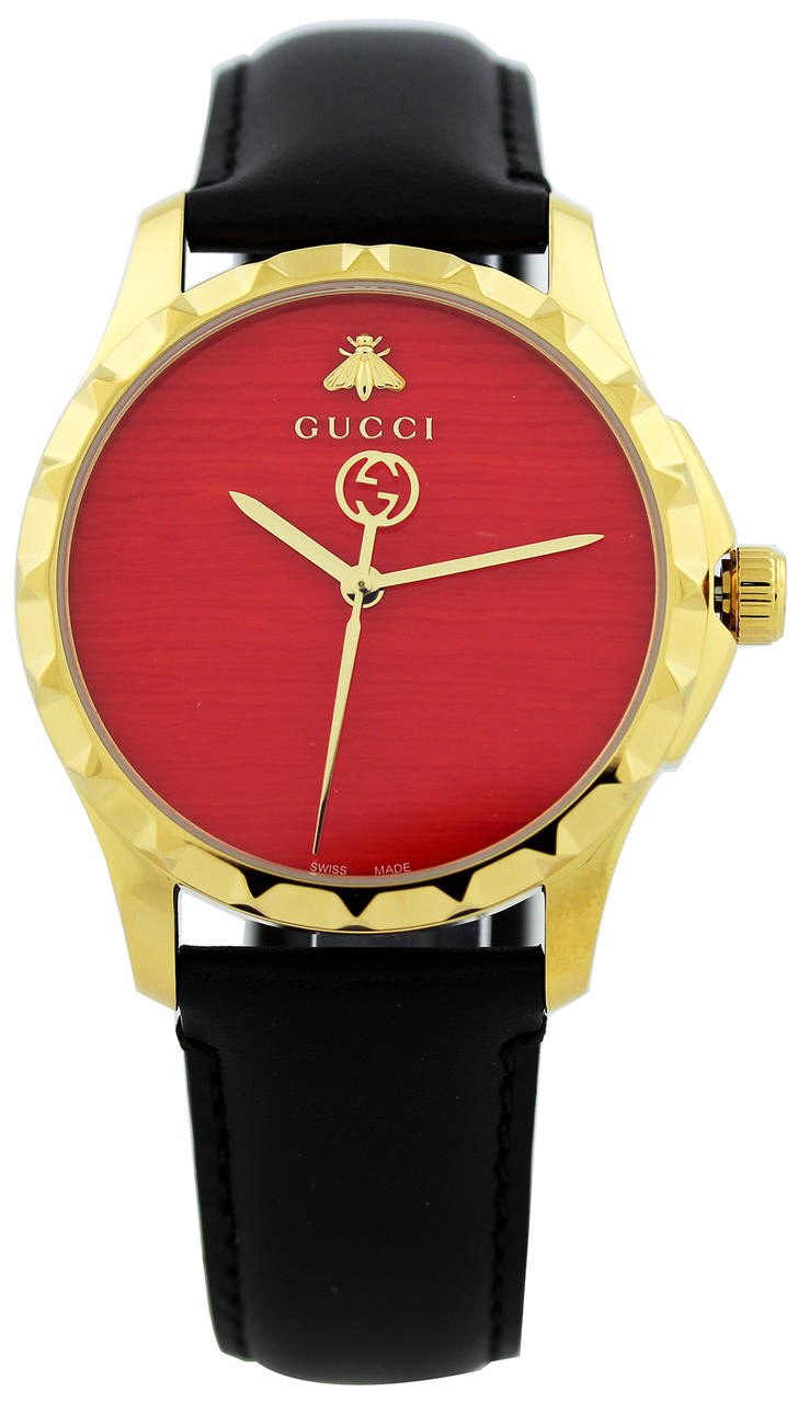 GUCCI レッドレザー アナログ時計 GUCCI G-Timeless MED Y-Gold PVD Red Dial Leather Unisex Watch