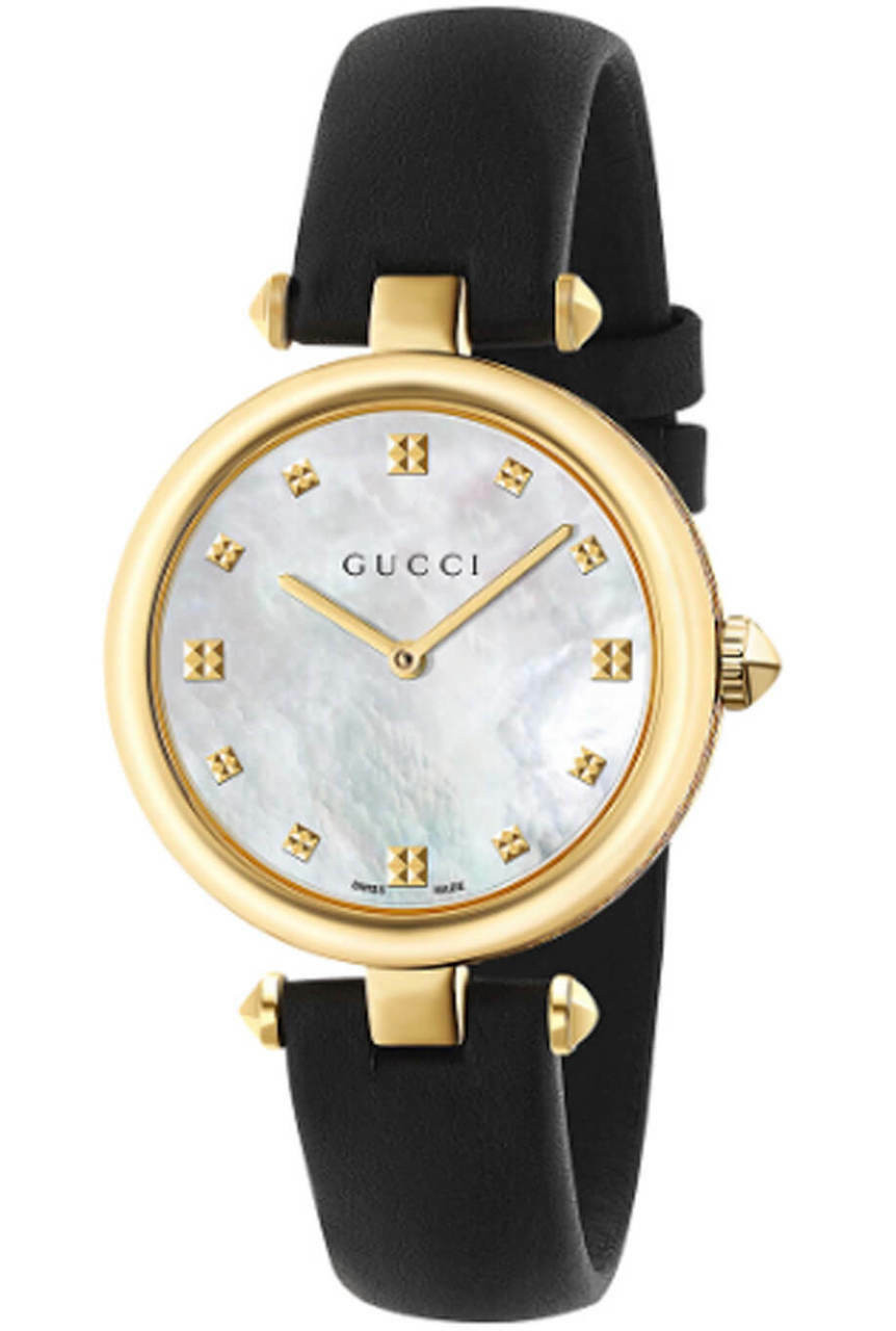 GUCCI Diamantissima MOP Dial GLD PVD Black LTHR Women's Watch YA141404