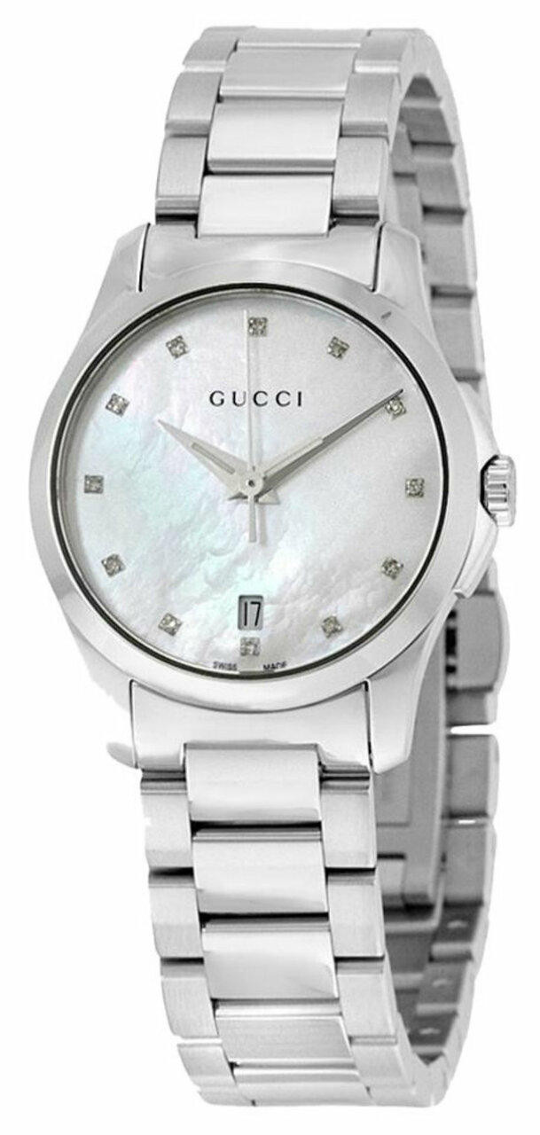 GUCCI G-Timeless 27MM SS 12-Diamond White Pearl Dial Watch YA126542