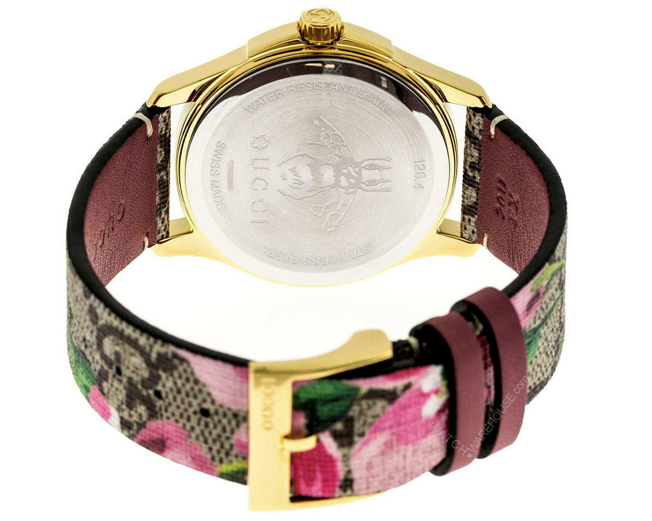 GUCCI G-Timeless Blooms Print GG Supreme SS Gold PVD Watch YA1264038A