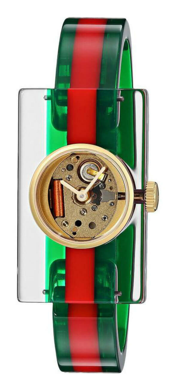 GUCCI Plexiglas Skeleton Dial Green Red Motif Bangle Watch