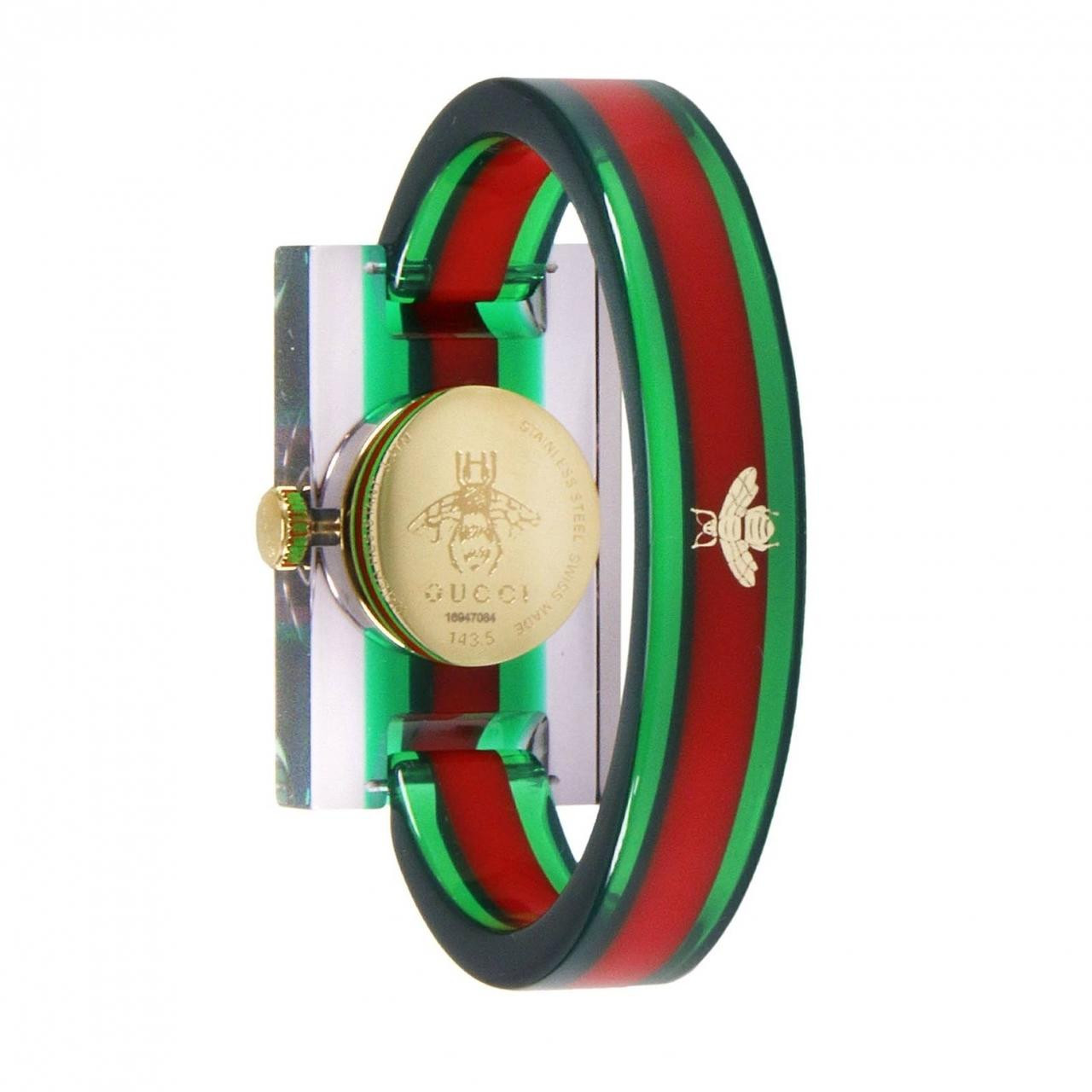 GUCCI Vintage Web Plexiglas Skeleton Dial Green Red Watch 