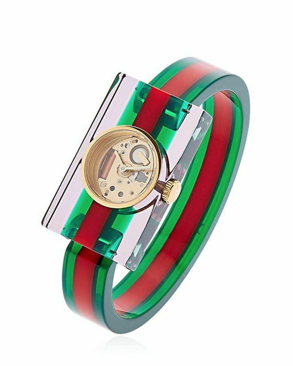GUCCI Vintage Web Plexiglas Skeleton Dial Green Red Watch  display picture 1