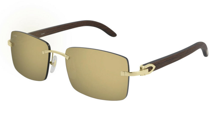 Eyewear Brands CARTIER Gold With Brown Wood Temples 57MM Mens Sunglasses CT0012RS 001