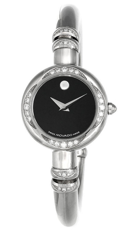 Movado watches MOVADO 24MM SS Black Dial Diamond Bezel Bangle Womens Watch 0605570
