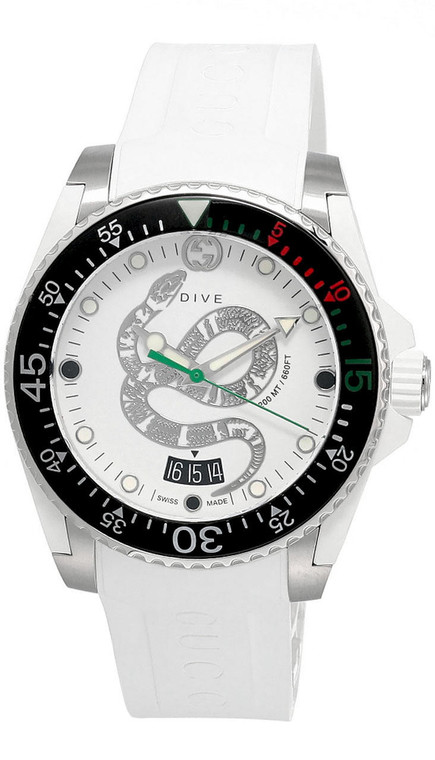 Gucci watches GUCCI Dive 40MM SS White Snake Motif Dial Rubber Mens Watch YA136330