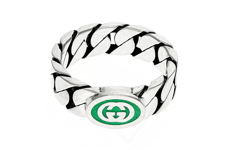 GUCCI Silver Interlocking G Green Enamel Ring YBC7016120010 | Fast