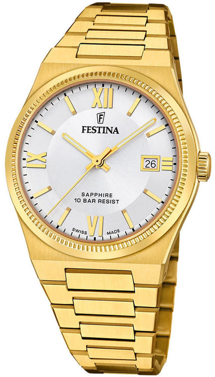 Festina  FESTINA Swiss Made Quartz 40MM Yellow Gold Silver Dial Men's Watch F20038-1 