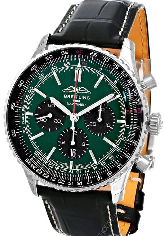 BREITLING Navitimer B01 Chronograph 46MM Green Dial Leather Men's Watch AB0137241L1P1
