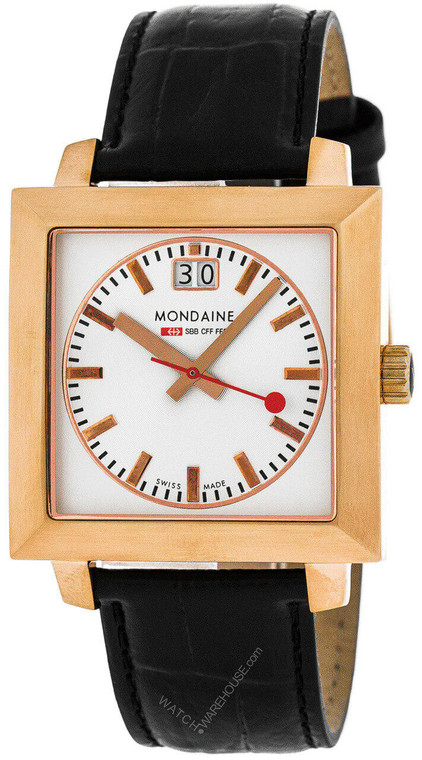 Mondaine watches MONDAINE Square Rose Gold Black LTHR Mens Watch A685.30336.12SBB EVO