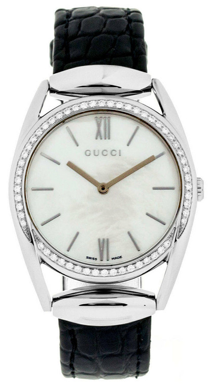 Gucci watches GUCCI Horsebit 34MM Diamond MOP Dial Black LTHR Womens Watch YA140406