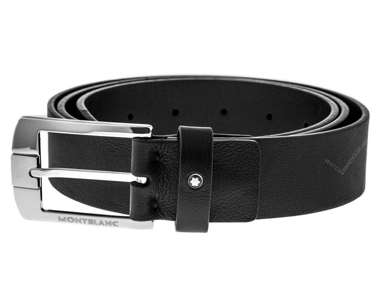 Montblanc Accessories MONTBLANC Palladium Rectangular Pin Buckle Black Leather Belt 107676