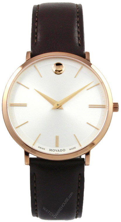 Movado watches MOVADO Ultra Slim 40MM Silver Dial Brown Leather Mens Watch 0607089