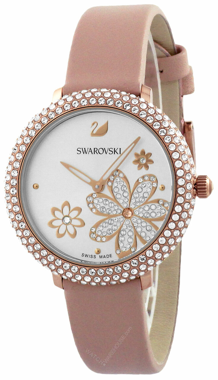 Swarovski crystal frost flower dial rose gold pink leather watch