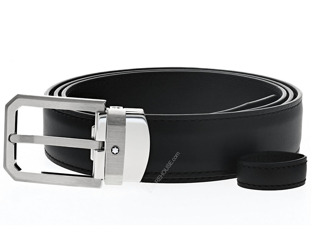 MONTBLANC Trapeze Brushed S-Steel Pin Buckle Black Leather Belt 124208