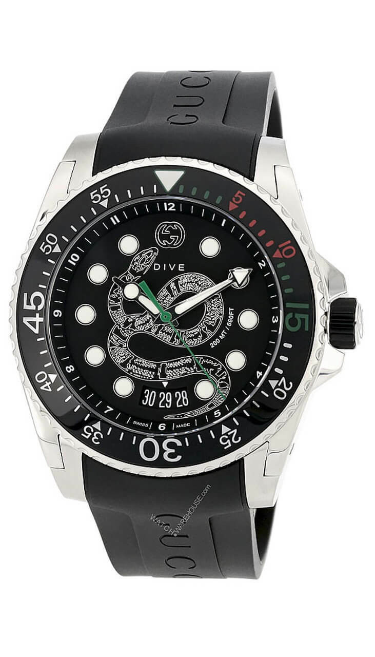 GUCCI Dive Dragon 45MM Quartz BLK King-Snake Dial Men's Watch YA136217